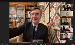 A picture of Jacob Rees-Mogg attending a Politics Society and Conservative Society collaboration event.