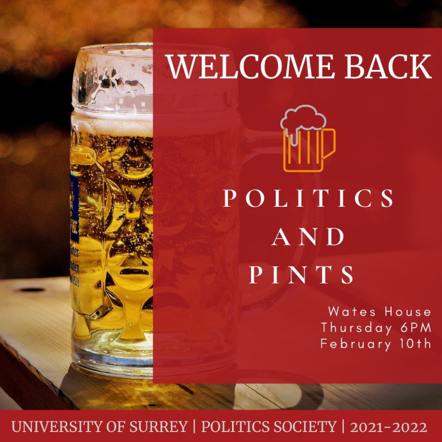 Politics and Pints advert, welcome back to Term 2